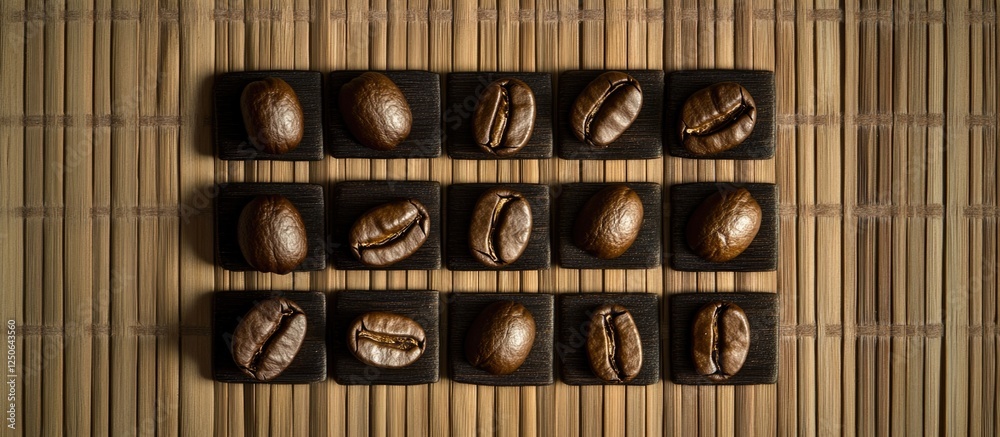 Aufkleber Roasted coffee beans arranged in a rectangular pattern on a textured bamboo wooden background for a natural and elegant presentation.