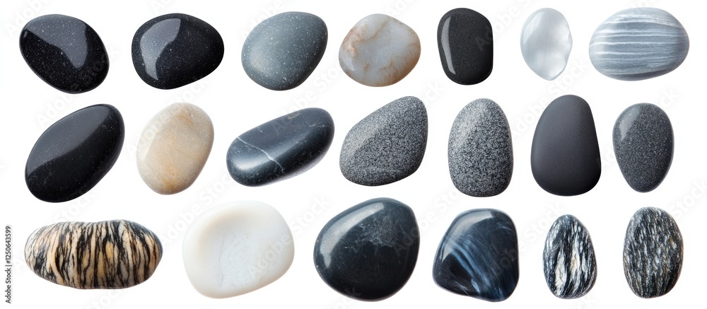 Poster variety of smooth rounded sea pebbles on white background in different shades and textures for natur