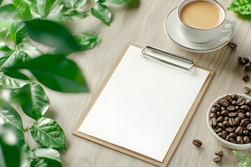 A blank clipboard on a blur background with green leaves and coffee, in a flat lay style