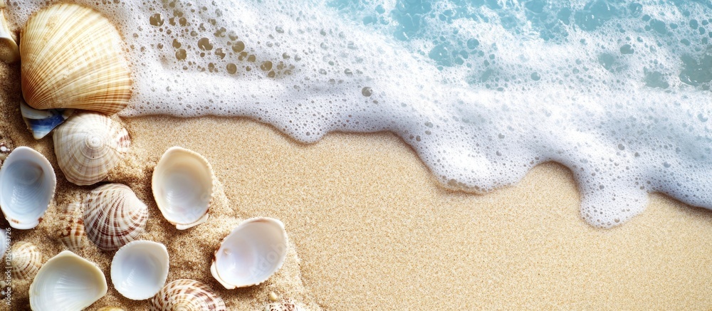 Aufkleber Sea shells arranged on sandy beach with gentle ocean waves creating serene atmosphere and ample copy space for text or branding