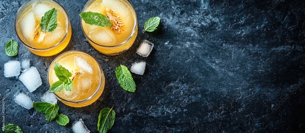 Poster ripe pear cocktail with ice and mint on dark background with space for text perfect for festive drin