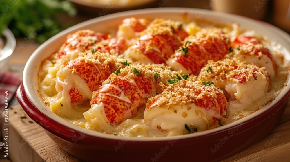 Poster delicious lobster newburg casserole with creamy sauce and golden breadcrumb topping in a rustic sett