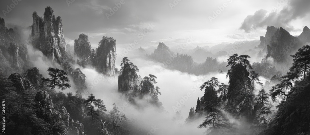 Aufkleber black and white landscape of misty mountains and trees creating a serene atmospheric scene in monoch