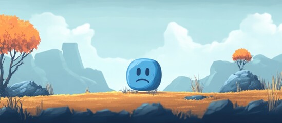 Sad game over screen featuring a blue character in a serene landscape with empty text space for customization and storytelling.