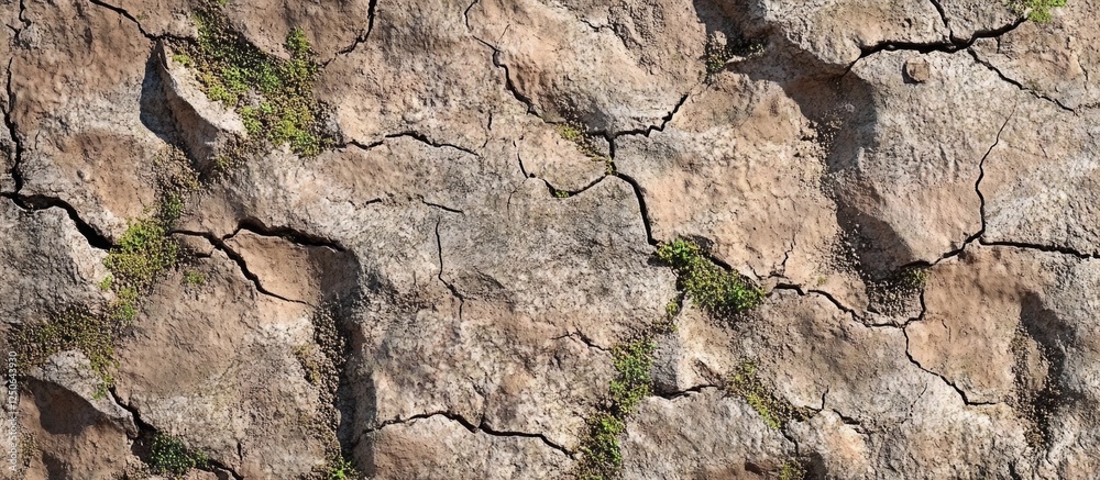 Poster cracked rocky surface with textured details and patches of greenery ideal for backgrounds or materia