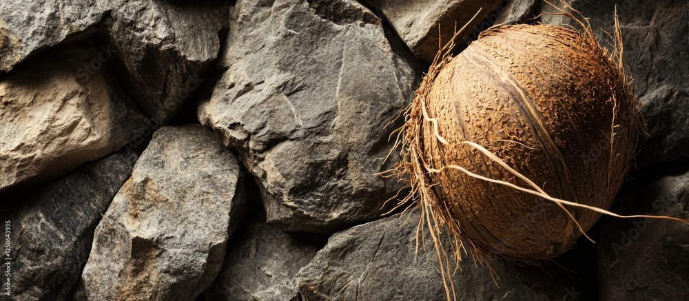 Poster natural rock texture with a rustic coconut shell highlighting earthy and organic elements for a trop