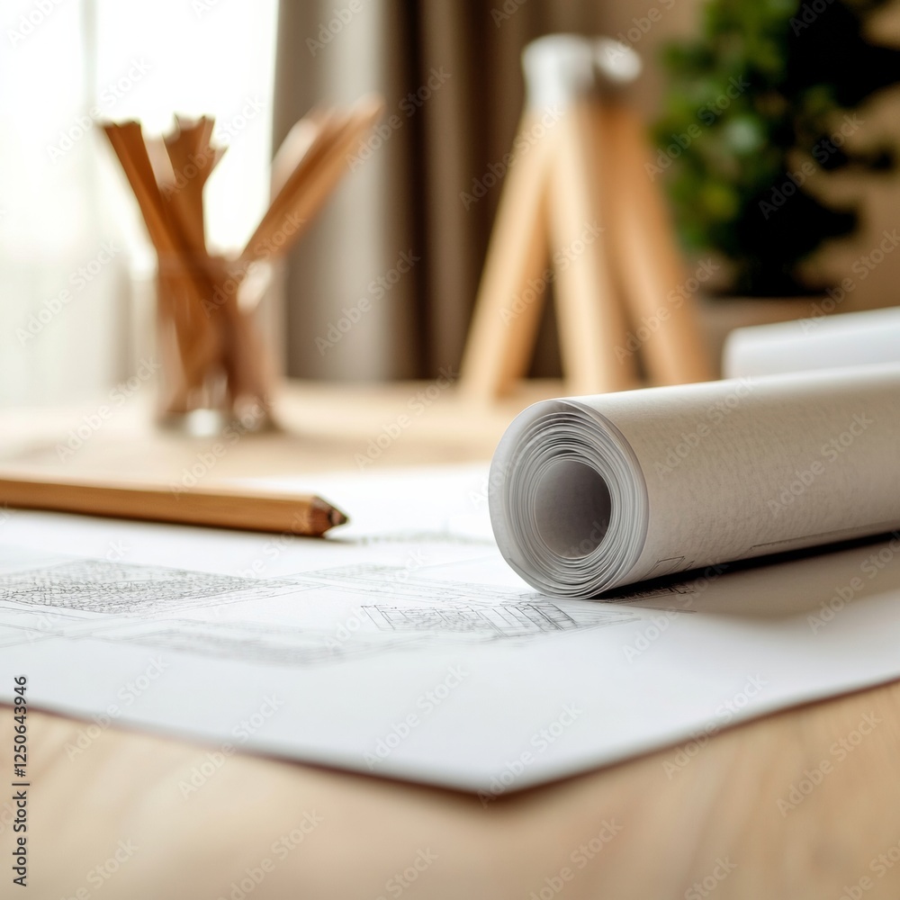 Aufkleber minimalist engineering workspace design rolled blueprint and wooden tools for green energy developme