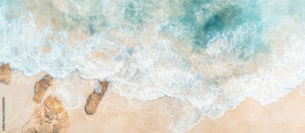 Poster aerial view of a serene ocean coastline showcasing rocky formations and soft waves in vintage color 