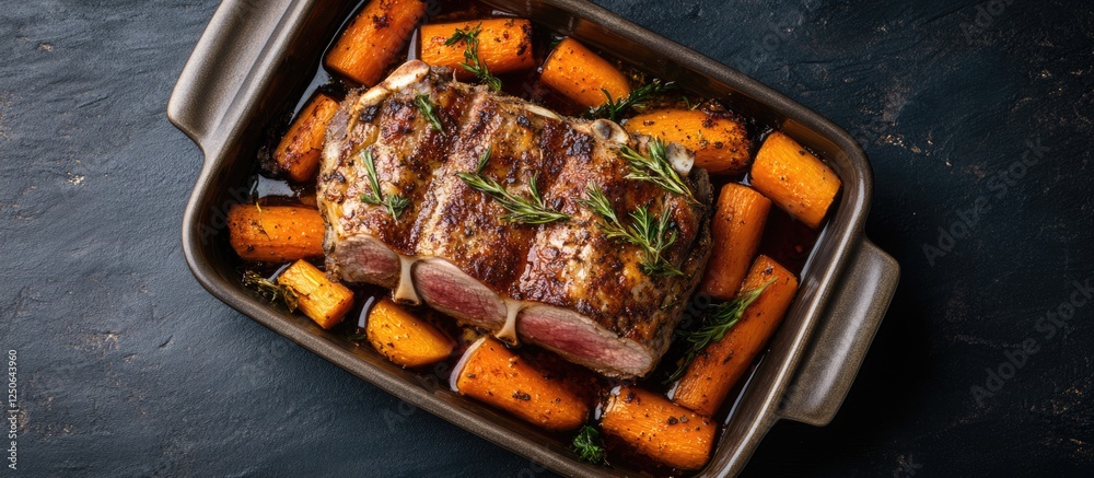Poster savory roasted pork steaks with carrots arranged in a dish on a dark background ideal for food and c