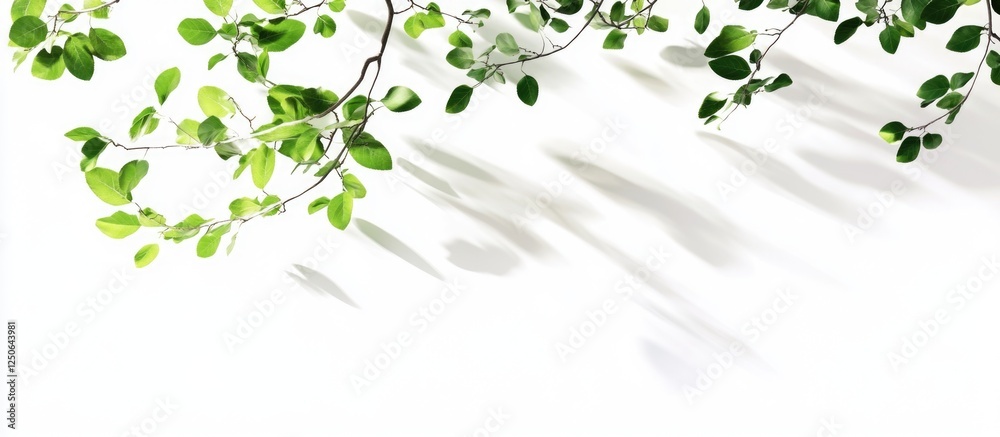 Poster Bodhi tree branches with fresh green leaves casting shadows on a clean white background for natural and serene design concepts.