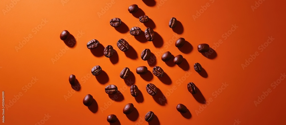 Poster Scattered roasted coffee beans creating a striking contrast against a vibrant orange background showcasing texture and color dynamics.