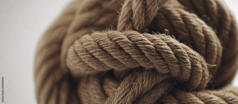 Poster close-up of twisted natural fiber rope showcasing a detailed knot texture on a white background for 