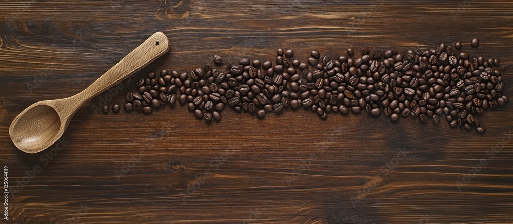 Poster roasted coffee beans scattered on a rustic wooden table with a wooden scoop for a textured backgroun