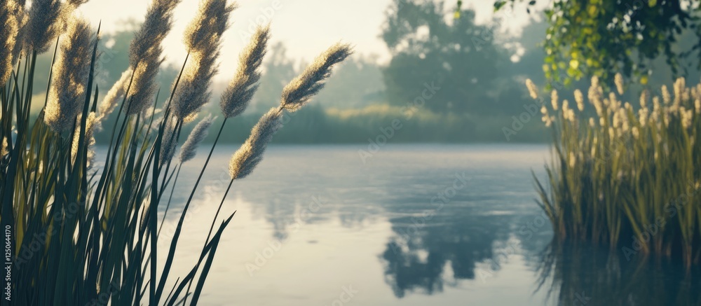 Poster Serene river bank at dawn with reeds in focus and soft background featuring oak and alder branches reflecting on the water surface