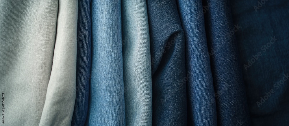 Aufkleber stack of assorted blue denim fabrics in various shades arranged neatly for fashion and textile backg