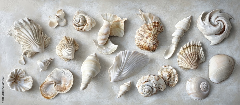 Aufkleber elegant collection of various sea shells arranged on a neutral grey background ideal for coastal the