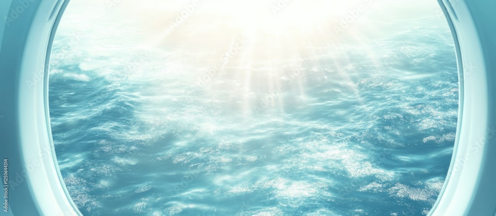 Poster stunning airplane window view of ocean sunlight reflecting on water with blank space for text overla