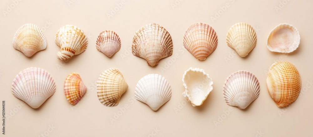 Aufkleber Assorted sea shells arranged on a soft beige background showcasing their unique textures and colors for a serene coastal aesthetic.