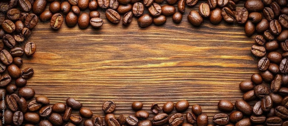Poster Roasted coffee beans arranged on a rustic wooden background creating a textured frame for designs and culinary themes.