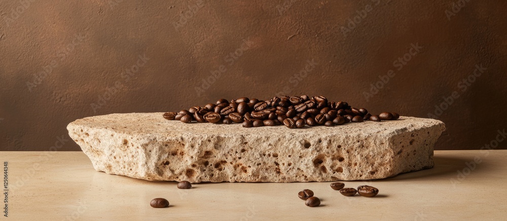 Poster roasted coffee beans displayed on a rustic stone pedestal with a warm brown background for an elegan