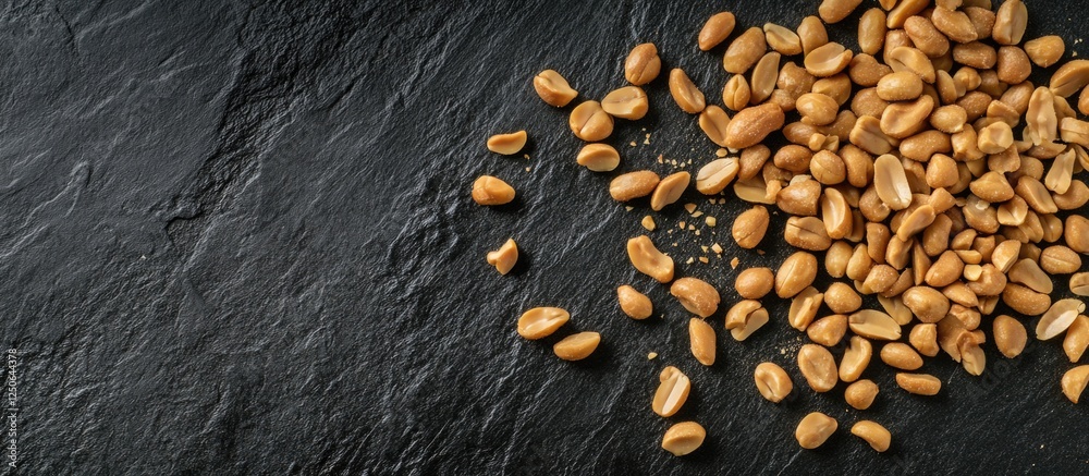 Poster roasted peanut seeds scattered on a textured black background showcasing their natural color and tex