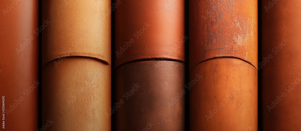 Poster terracotta roof tiles arranged in a vertical stack showcasing rich earthy tones and textures ideal f