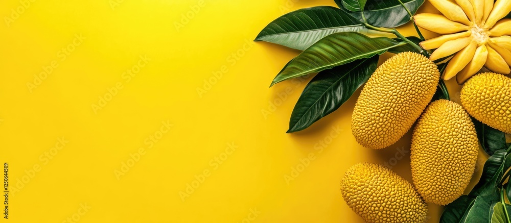 Poster ripe jackfruit and yellow background with fresh leaves for design and text space in a tropical theme