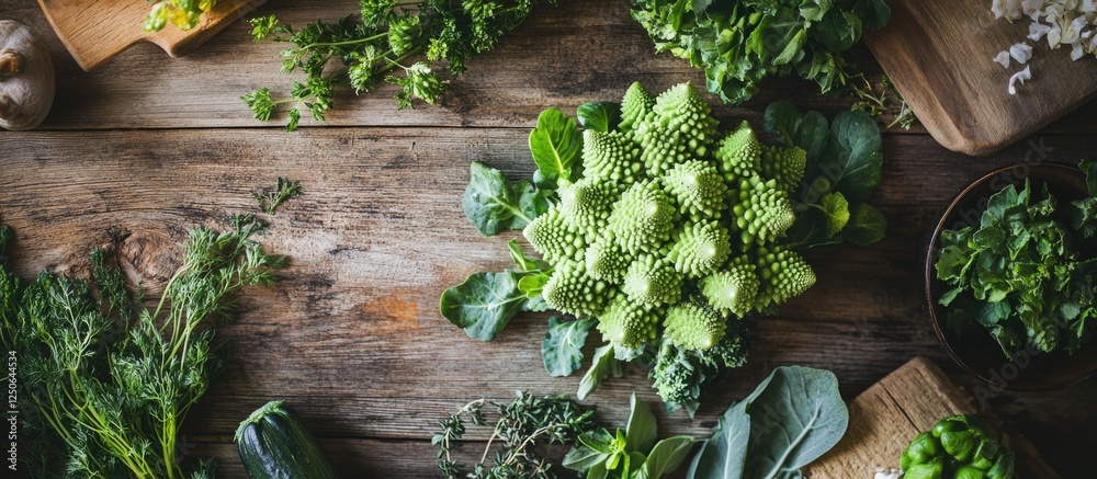 Poster fresh romanesco broccoli surrounded by assorted herbs and vegetables on a rustic wooden table for cu