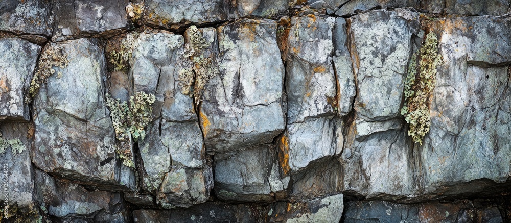 Poster weathered rock surface featuring textured patterns and vibrant lichen growth in a natural outdoor se