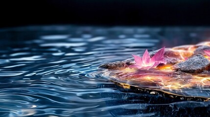 Glowing Purple Leaves on Dark Water Rock at Night