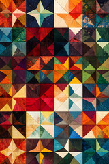 Vivid Geometric Quilt Pattern: A Seamless Blend of Colorful Motifs in a Harmonious Patchwork Design