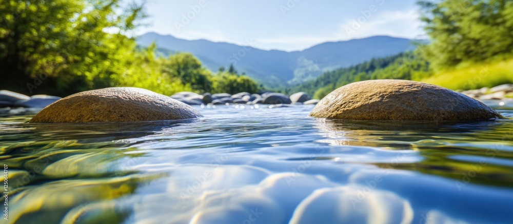 Aufkleber serene river scene with smooth rocks partially submerged in clear water surrounded by lush greenery 