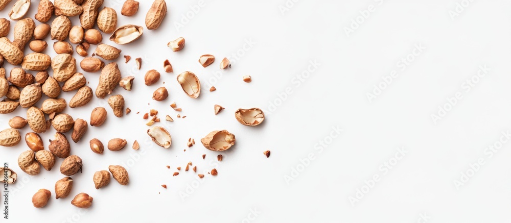 Poster Roasted peanuts in shells scattered on a clean white background creating a natural and appetizing snack composition.