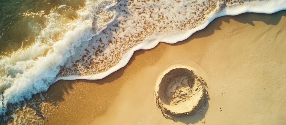 Leinwandbilder aerial view of a circular sand hole on a beach with gentle waves washing ashore creating a serene su