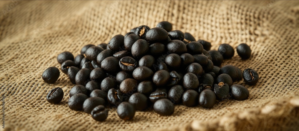 Poster roasted peaberry coffee beans displayed on burlap fabric showcasing texture and richness of gourmet 
