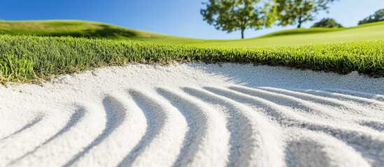 Sand trap rake patterns create a serene atmosphere in a golf course bunker with lush greenery and blue skies in the background.