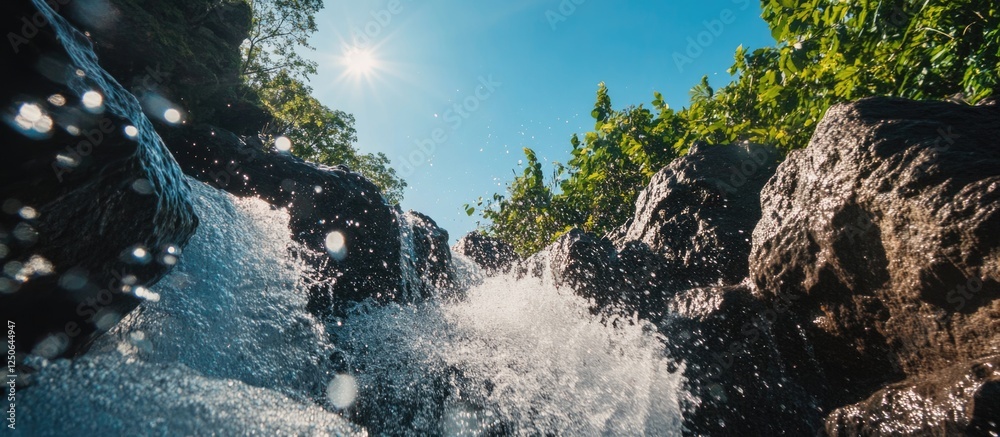 Poster Dynamic low-angle view of a river cascading over rocks with splashes under a clear blue sky and bright sun shining through greenery