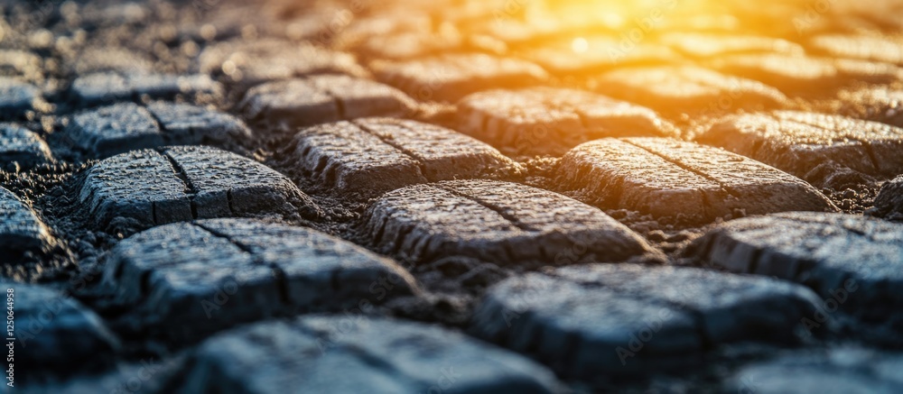 Poster textured road surface with tire track impressions illuminated by warm sunlight, showcasing intricate