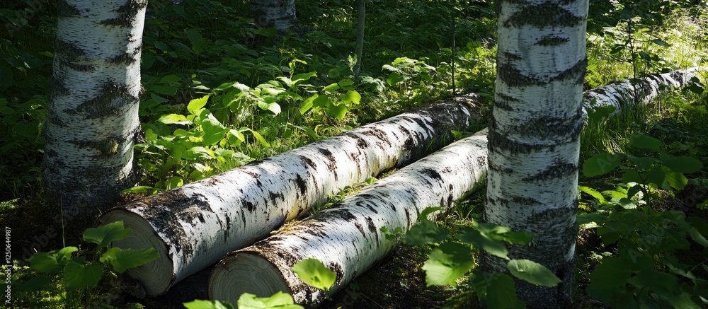 Poster birch logs resting on forest floor surrounded by lush greenery and sunlight
