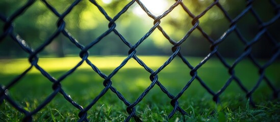 Naklejka premium Green wire fence with blurred natural background showcasing sunlight and vibrant greenery in a serene outdoor setting.