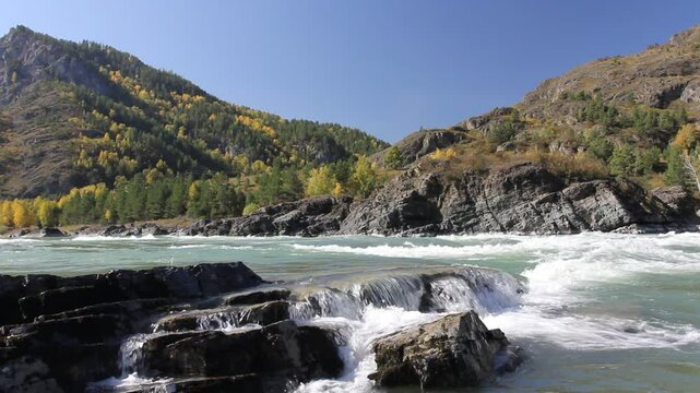 Autumn landscape in Chemal, Altai mountains and Katun river. 