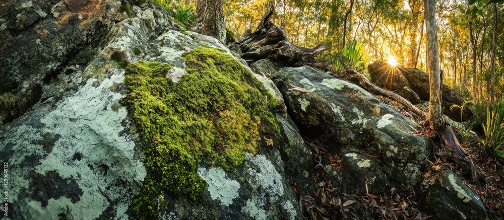 Poster Moss-covered rock in a lush forest with sunlight filtering through trees creating a serene natural atmosphere.