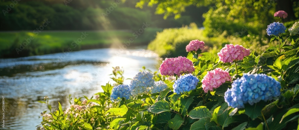 Poster hydrangeas blooming by a serene river with sunlight filtering through the trees