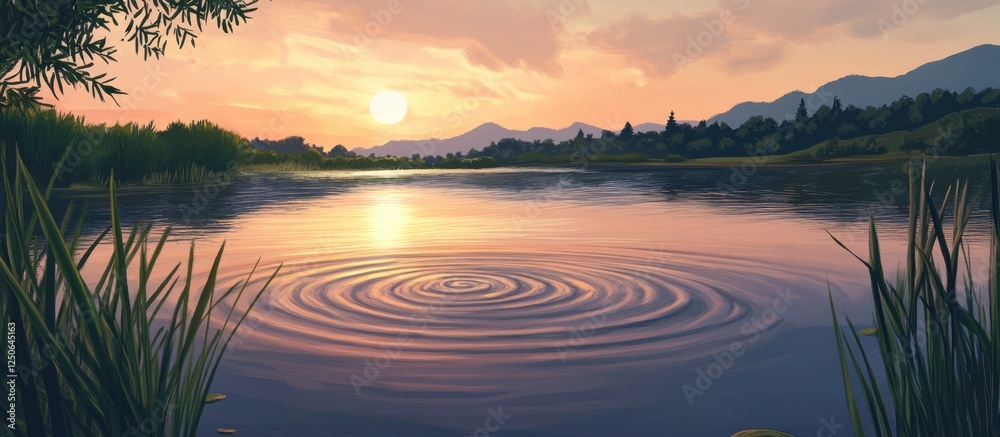 Poster ripples on water surface reflecting sunset colors with mountains and greenery in the background crea