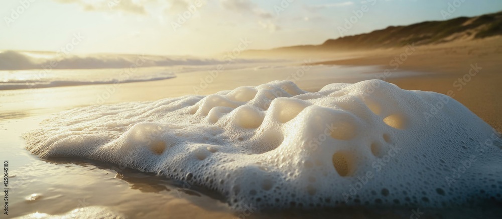 Poster sea foam formation on sandy beach at sunset with gentle waves creating a serene coastal atmosphere.
