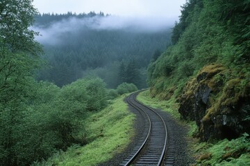 Fototapeta premium Train tracks curve through a misty green forest. Perfect for travel, adventure, and nature themes.