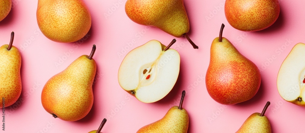 Poster scattered ripe pears with one sliced in half on a pink background showcasing fresh juicy textures an