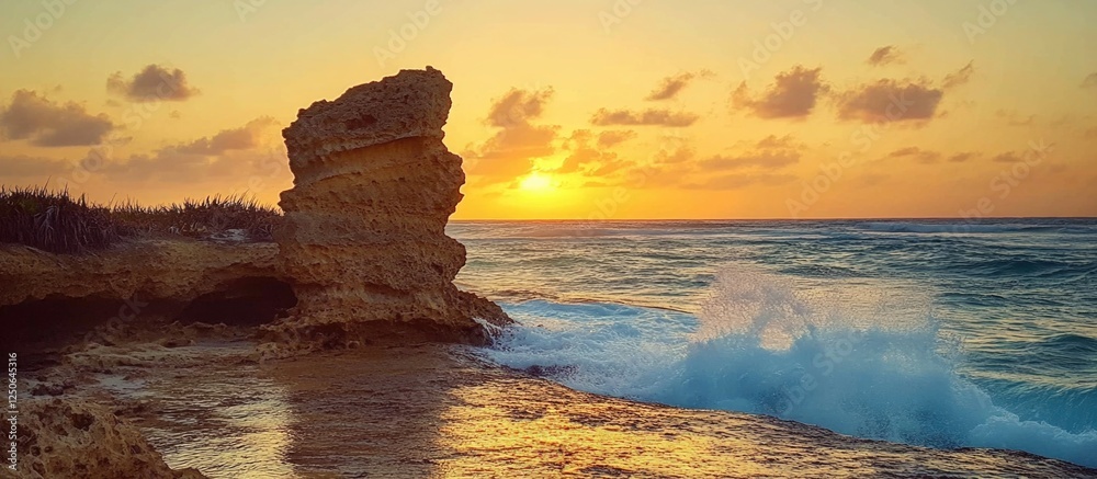 Poster sunset over rocky shoreline with waves crashing on the beach and a vibrant sky illuminating the scen