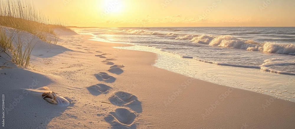 Poster footprints on a serene beach at sunset with gentle waves and soft sand creating a tranquil coastal s