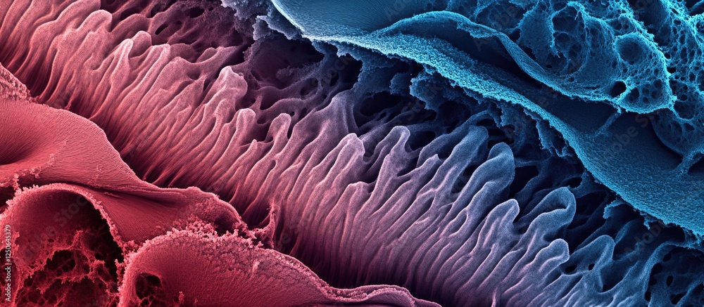 Poster Scanning electron micrograph showcasing the intricate surface features of a cat's tongue at microscopic detail in vibrant colors.